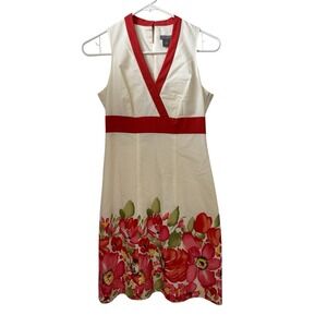 Ann Taylor Floral Dress 100% Cotton Petite 0 Sleeveless V‎ Neck White Red Retro